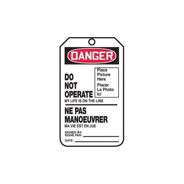 Accuform French Bilingual Safety Tags, DANGER DO NOT OPERATE MY LIFE IS ON THE LINE, 5.75in x 3.25in, 25PK TCF127PTP - main